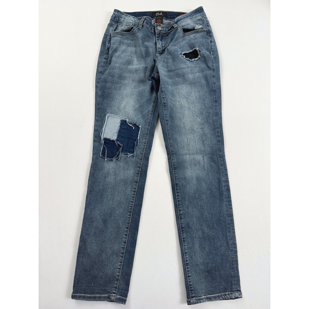 Earl‎ Jeans My Boyfriend Distressed Patchwork Denim Jeans Blue Wash Size 4